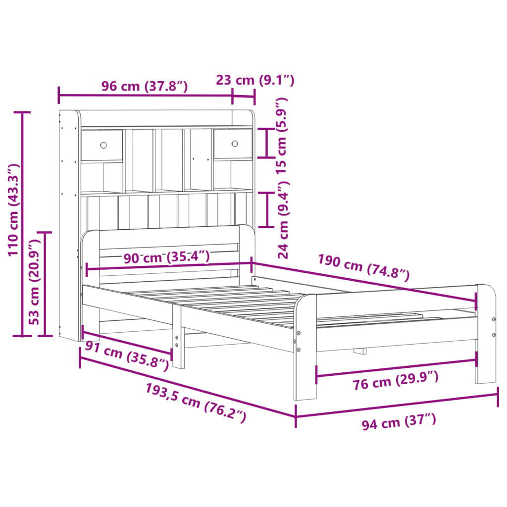 Massivholzbett mit Regal ohne Matratze Wachsbraun 90x190 cm