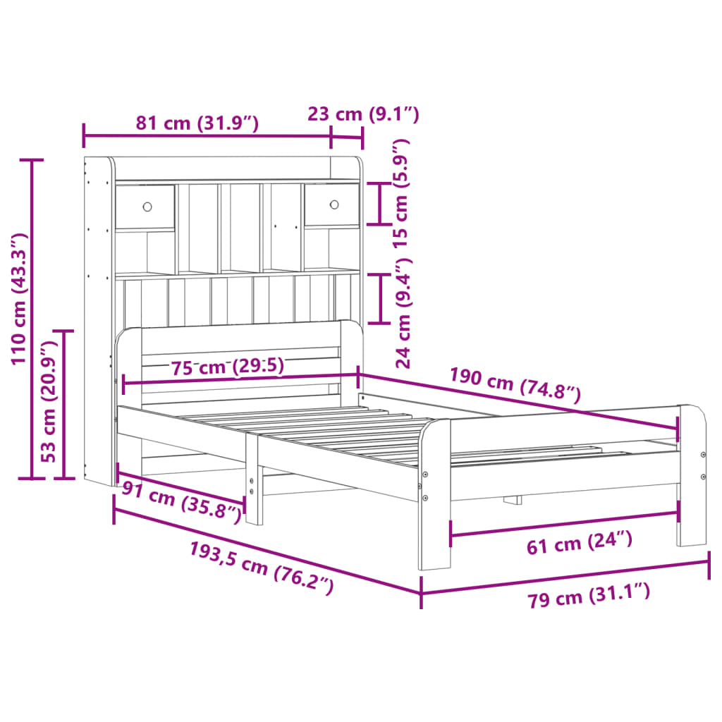 Massivholzbett mit Regal ohne Matratze Wachsbraun 75x190 cm