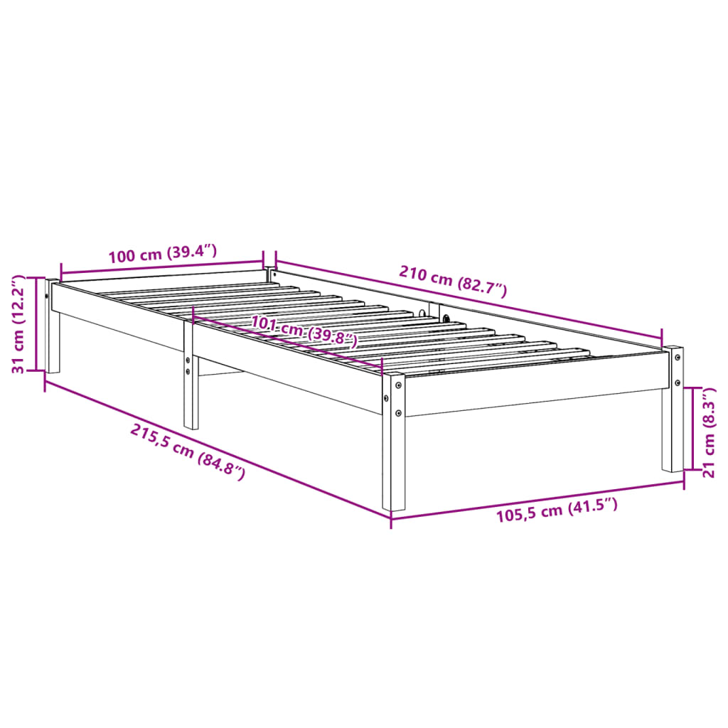 Massivholzbett Extra Lang ohne Matratze 100x210 cm Kiefernholz