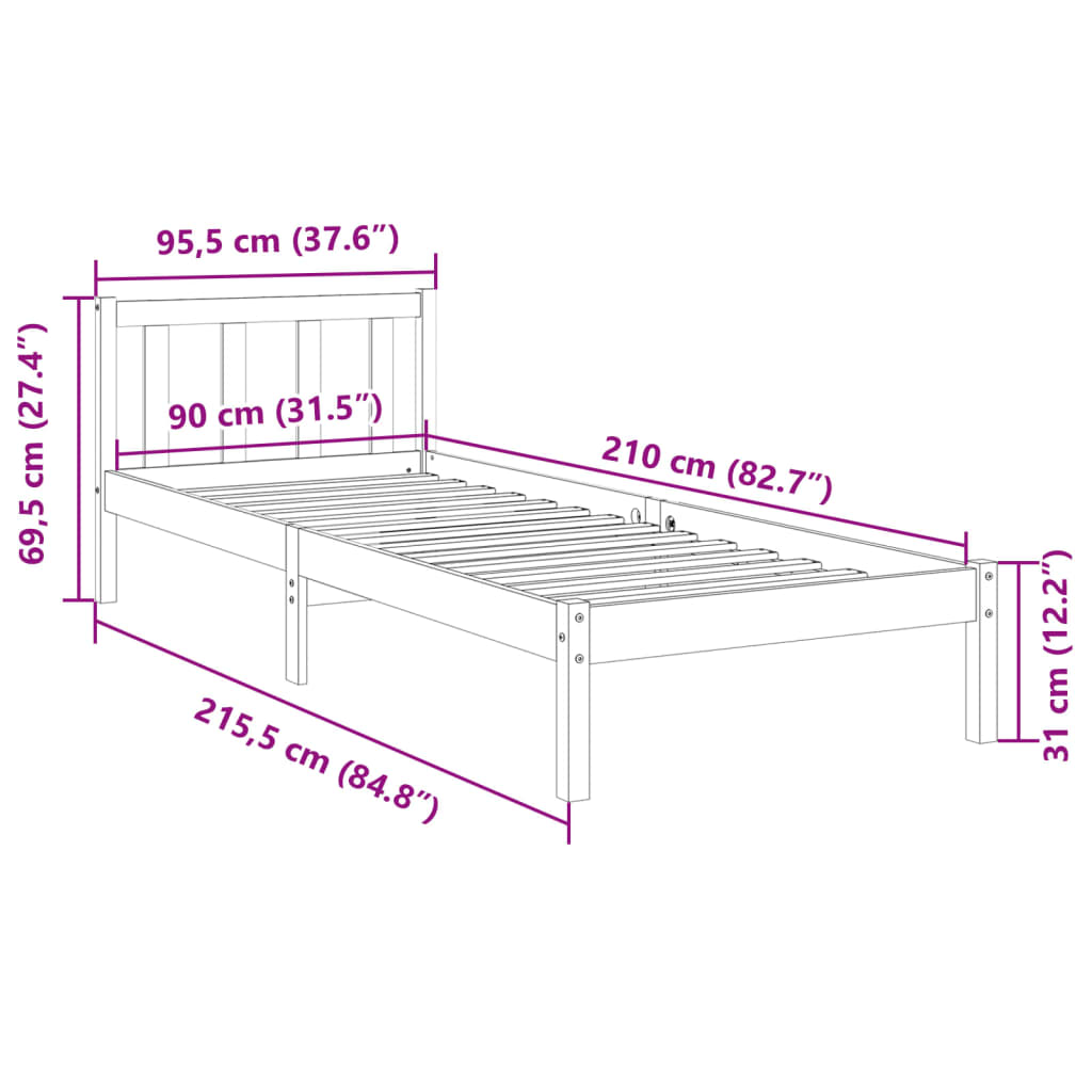 Massivholzbett Extra Lang ohne Matratze Weiß 90x210 Kiefernholz