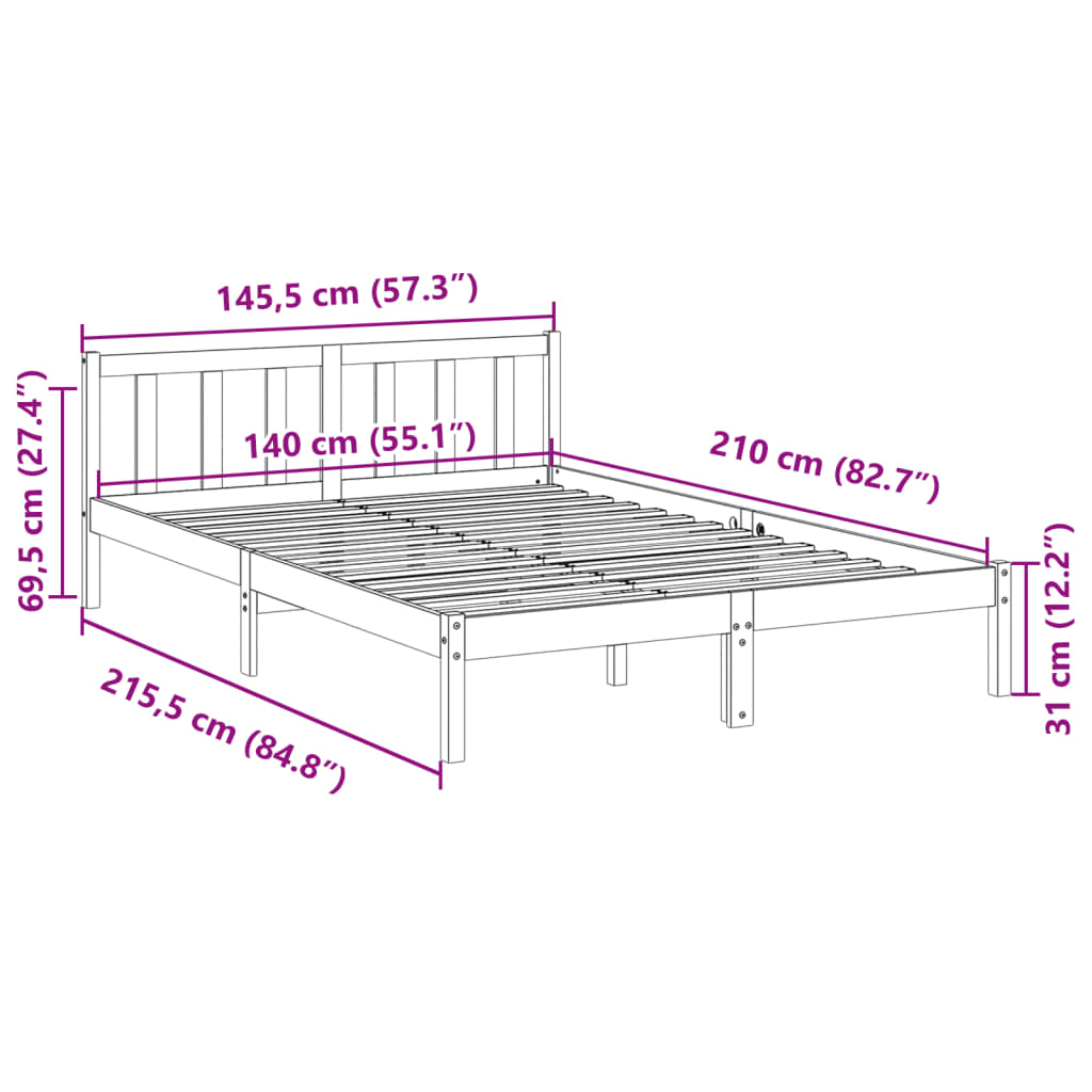 Massivholzbett Extra Lang ohne Matratze Weiß 140x210 Kieferholz