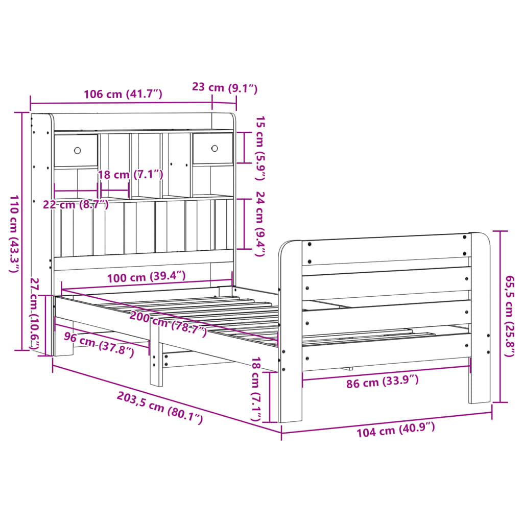 Massivholzbett mit Regal ohne Matratze Wachsbraun 100x200 cm