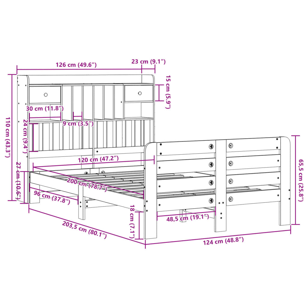 Massivholzbett mit Regal ohne Matratze Wachsbraun 120x200 cm