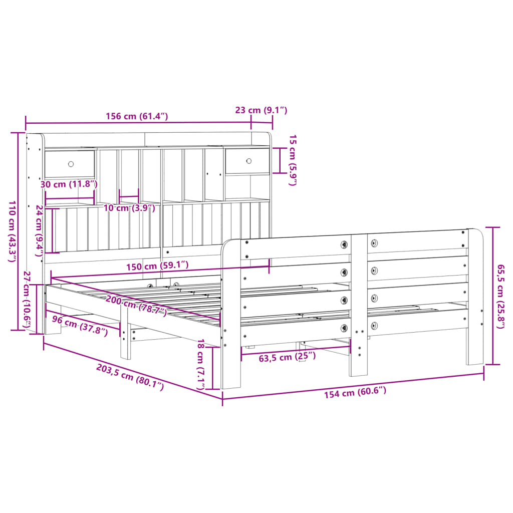 Massivholzbett mit Regal ohne Matratze Wachsbraun 150x200 cm