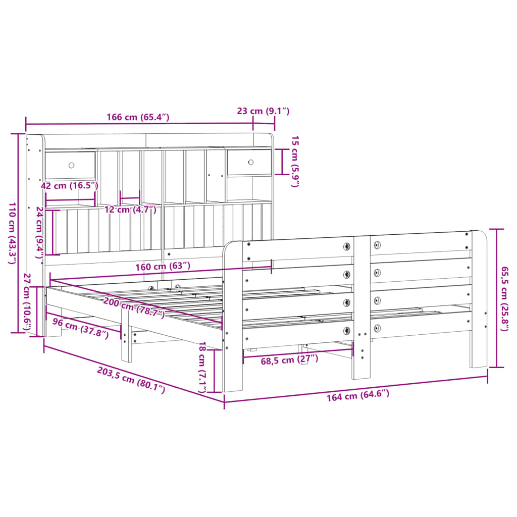 Massivholzbett mit Regal ohne Matratze 160x200 cm Kiefernholz