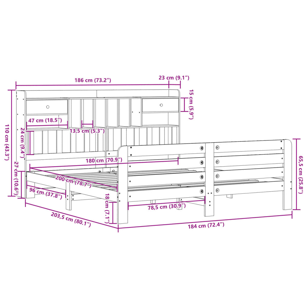 Massivholzbett mit Regal ohne Matratze Wachsbraun 180x200 cm