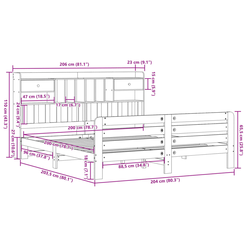 Massivholzbett mit Regal ohne Matratze 200x200 cm Kiefernholz