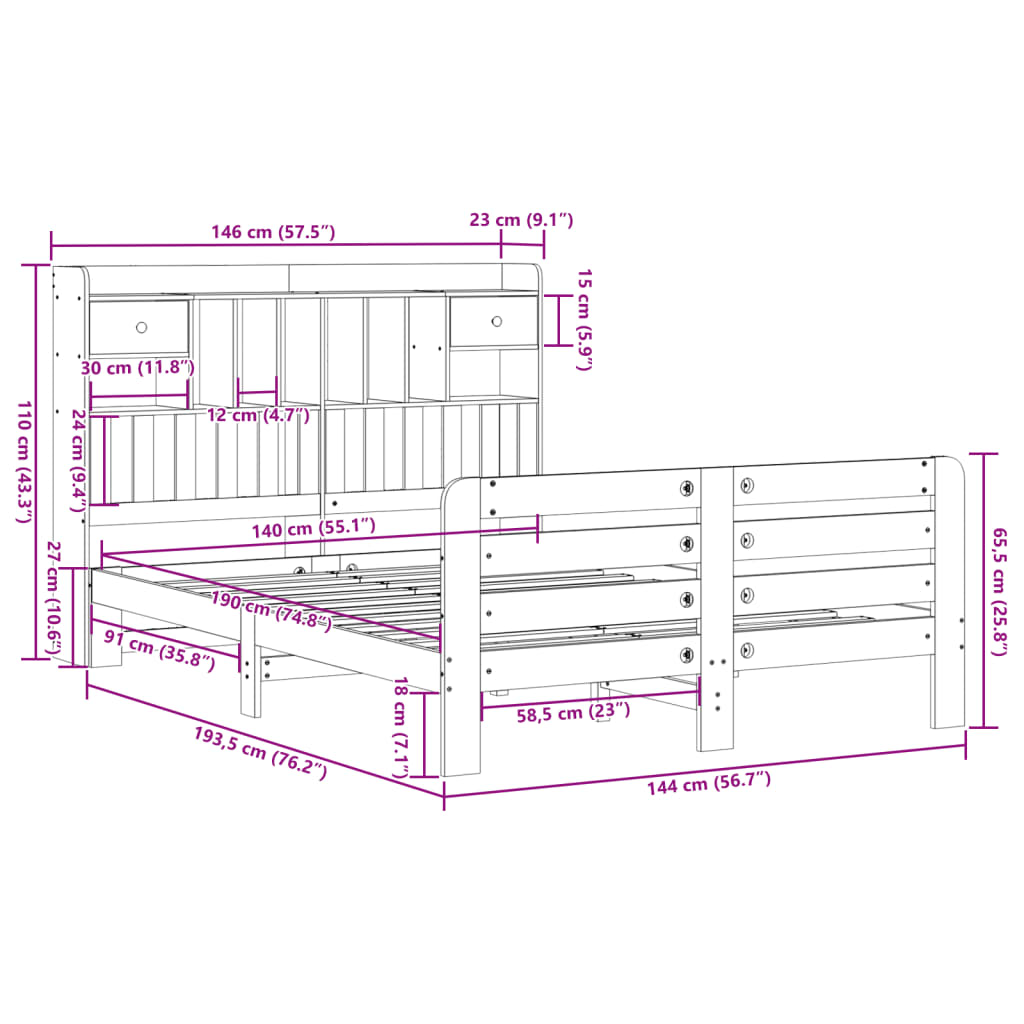 Massivholzbett mit Regal ohne Matratze Wachsbraun 140x190 cm