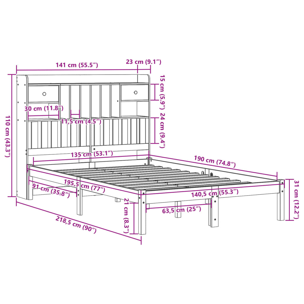 Massivholzbett mit Regal ohne Matratze 135x190 cm Kiefernholz