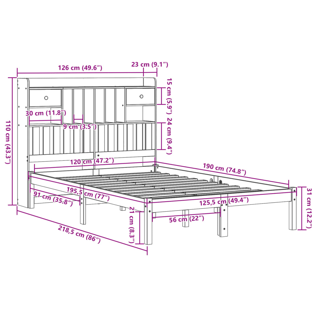 Massivholzbett mit Regal ohne Matratze Wachsbraun 120x190 cm