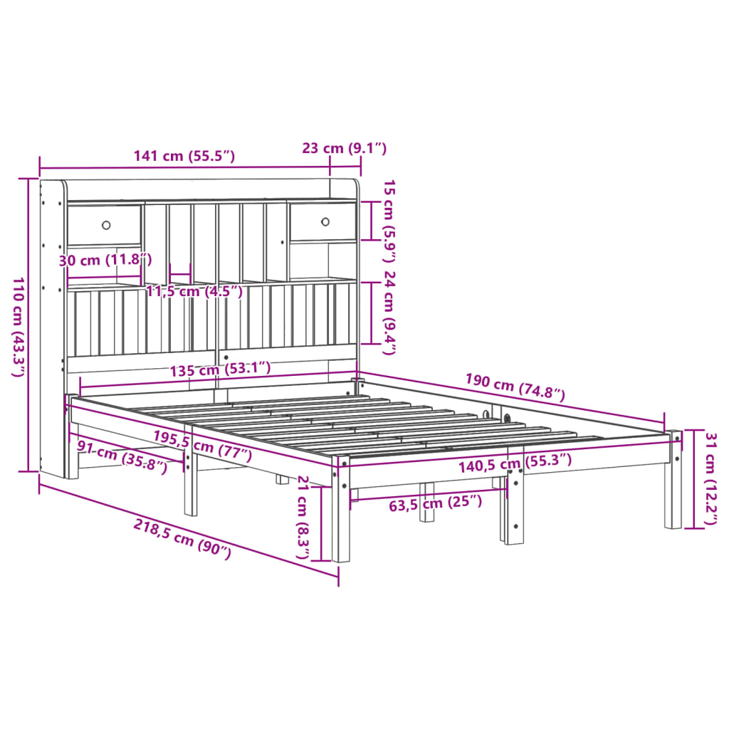 Massivholzbett mit Regal ohne Matratze Wachsbraun 135x190 cm