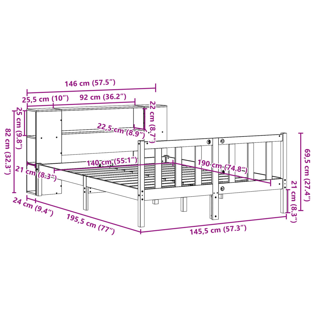 Massivholzbett mit Regal ohne Matratze 140x190 cm Kiefernholz