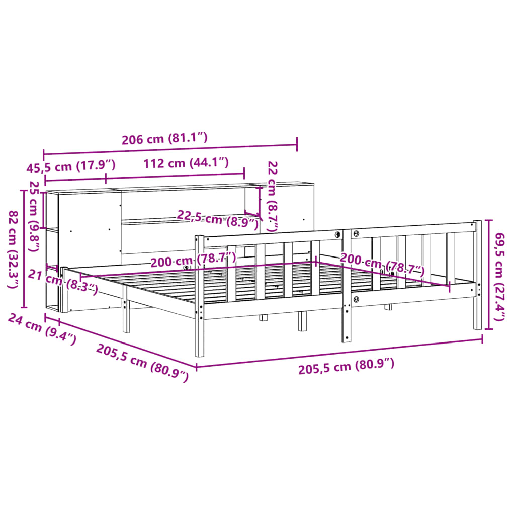 Massivholzbett mit Regal ohne Matratze Wachsbraun 200x200 cm