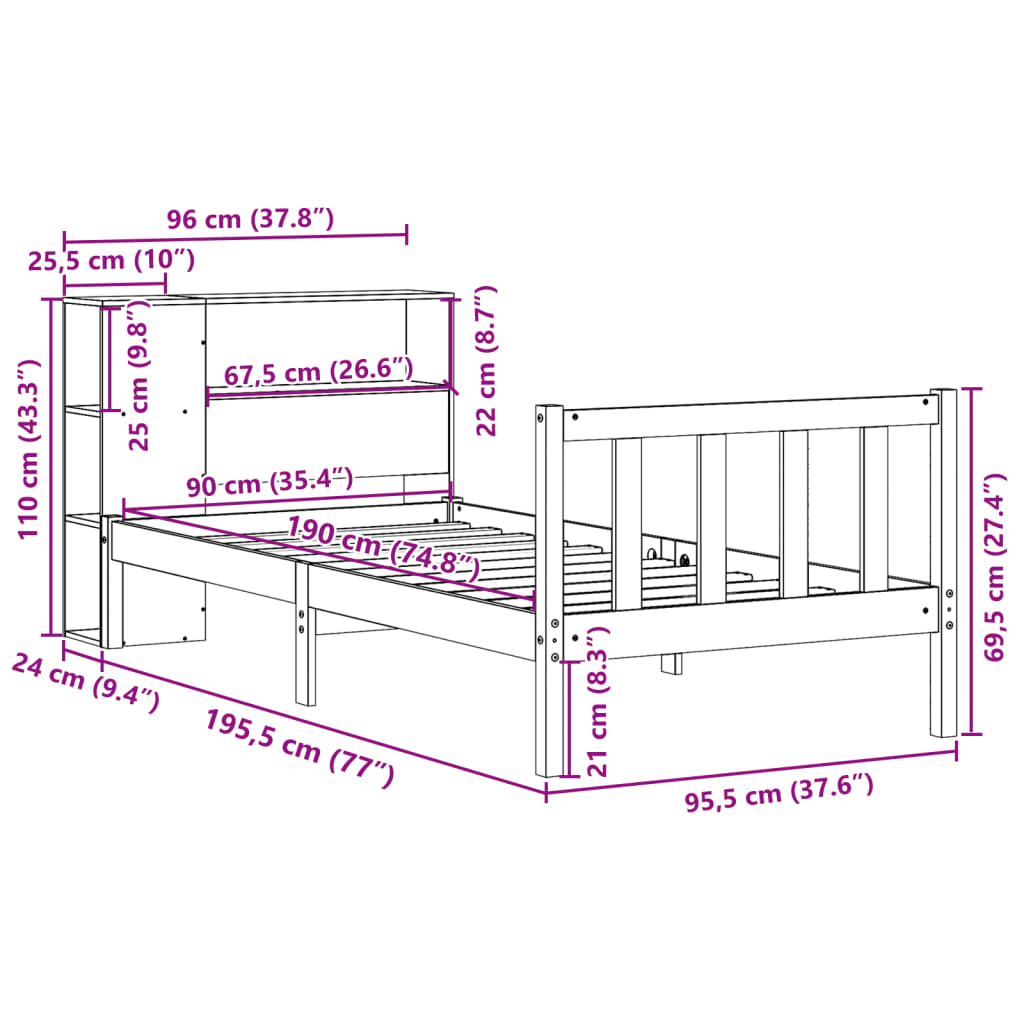 Massivholzbett mit Regal ohne Matratze Wachsbraun 90x190 cm