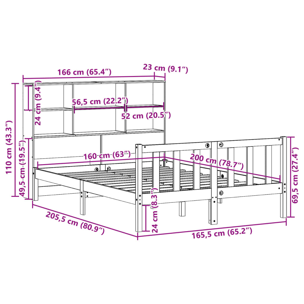 Massivholzbett mit Regal ohne Matratze 160x200 cm Kiefernholz