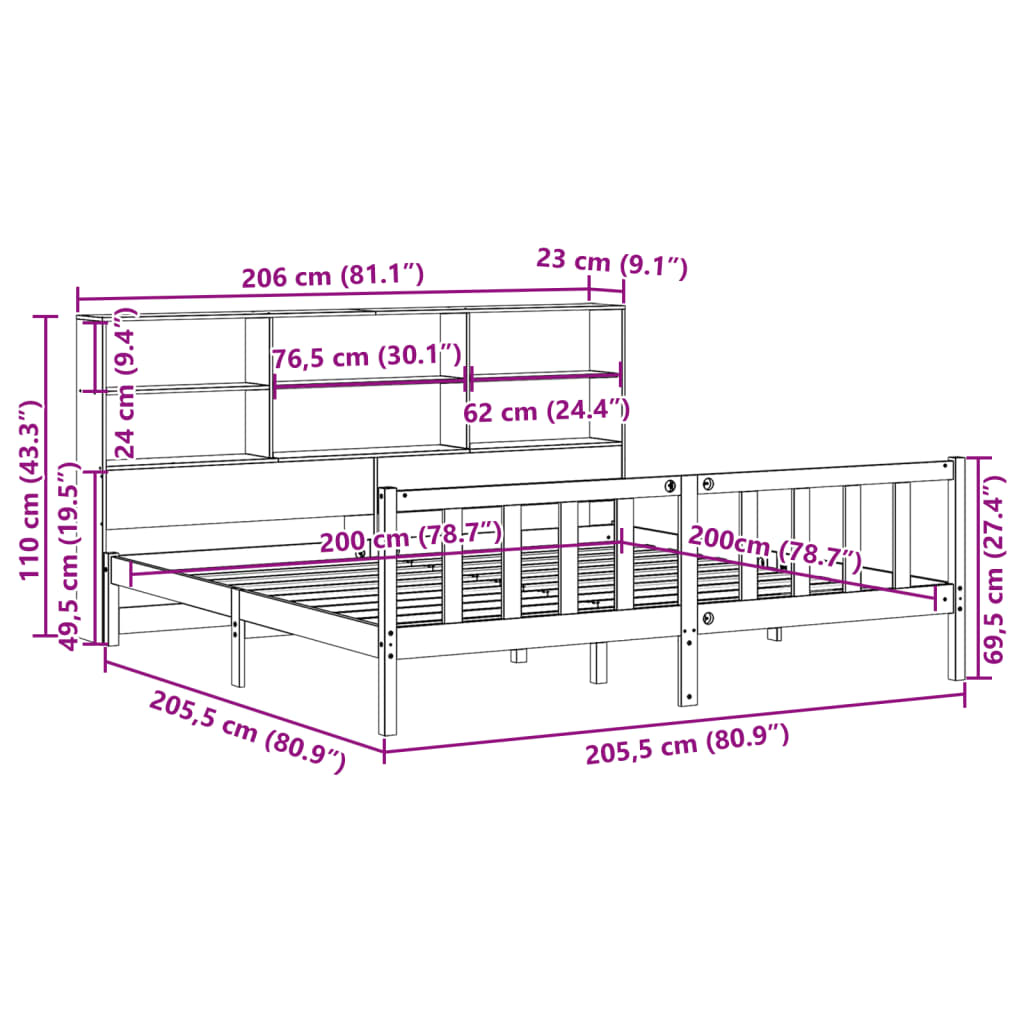 Massivholzbett mit Regal ohne Matratze 200x200 cm Kiefernholz