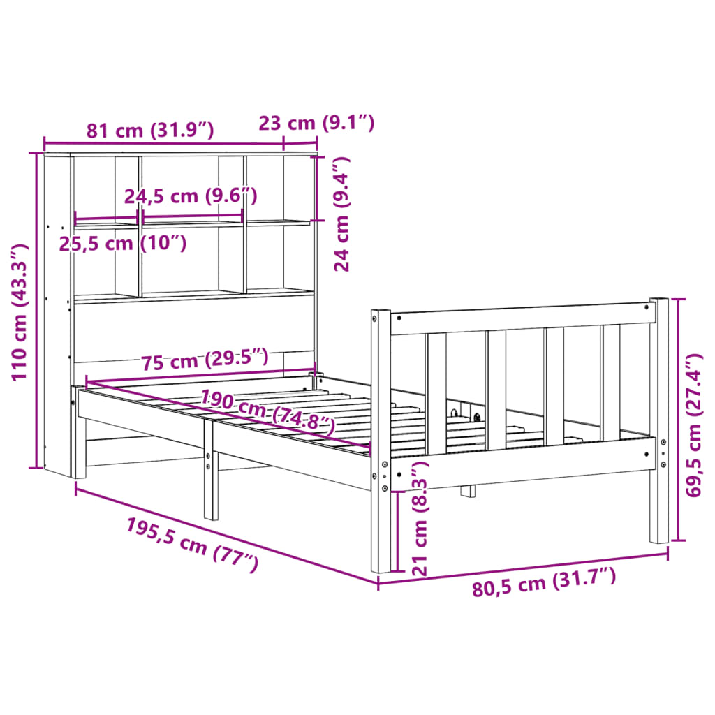 Massivholzbett mit Regal ohne Matratze Wachsbraun 75x190 cm