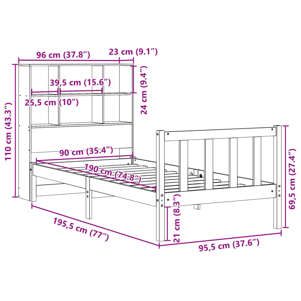 Massivholzbett mit Regal ohne Matratze Wachsbraun 90x190 cm