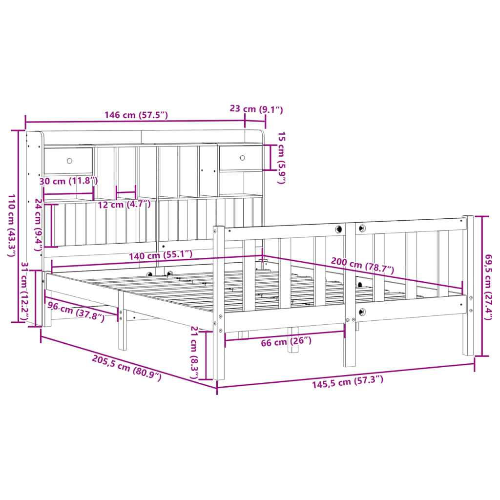 Massivholzbett mit Regal ohne Matratze 140x200 cm Kiefernholz