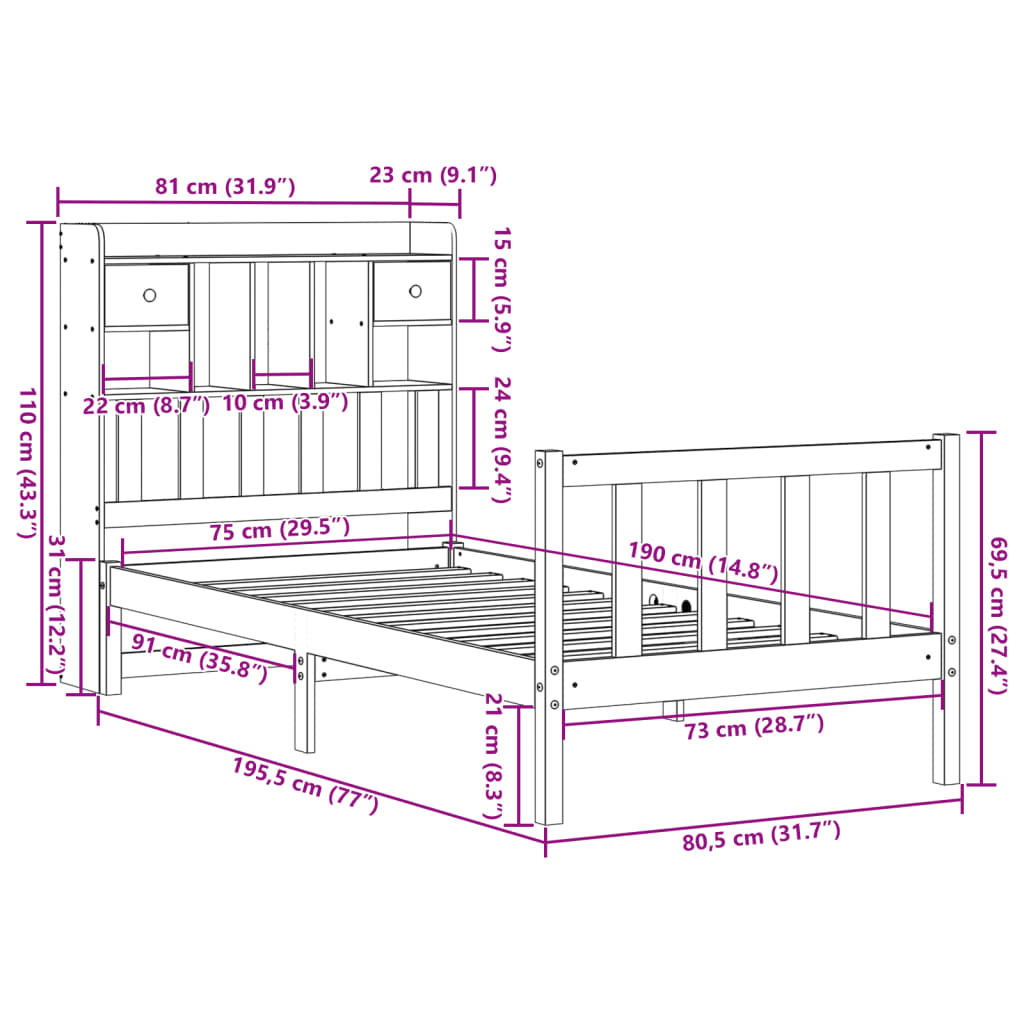 Massivholzbett mit Regal ohne Matratze Wachsbraun 75x190 cm