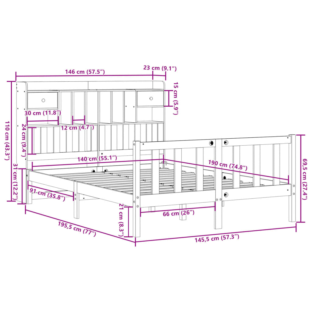 Massivholzbett mit Regal ohne Matratze Wachsbraun 140x190 cm