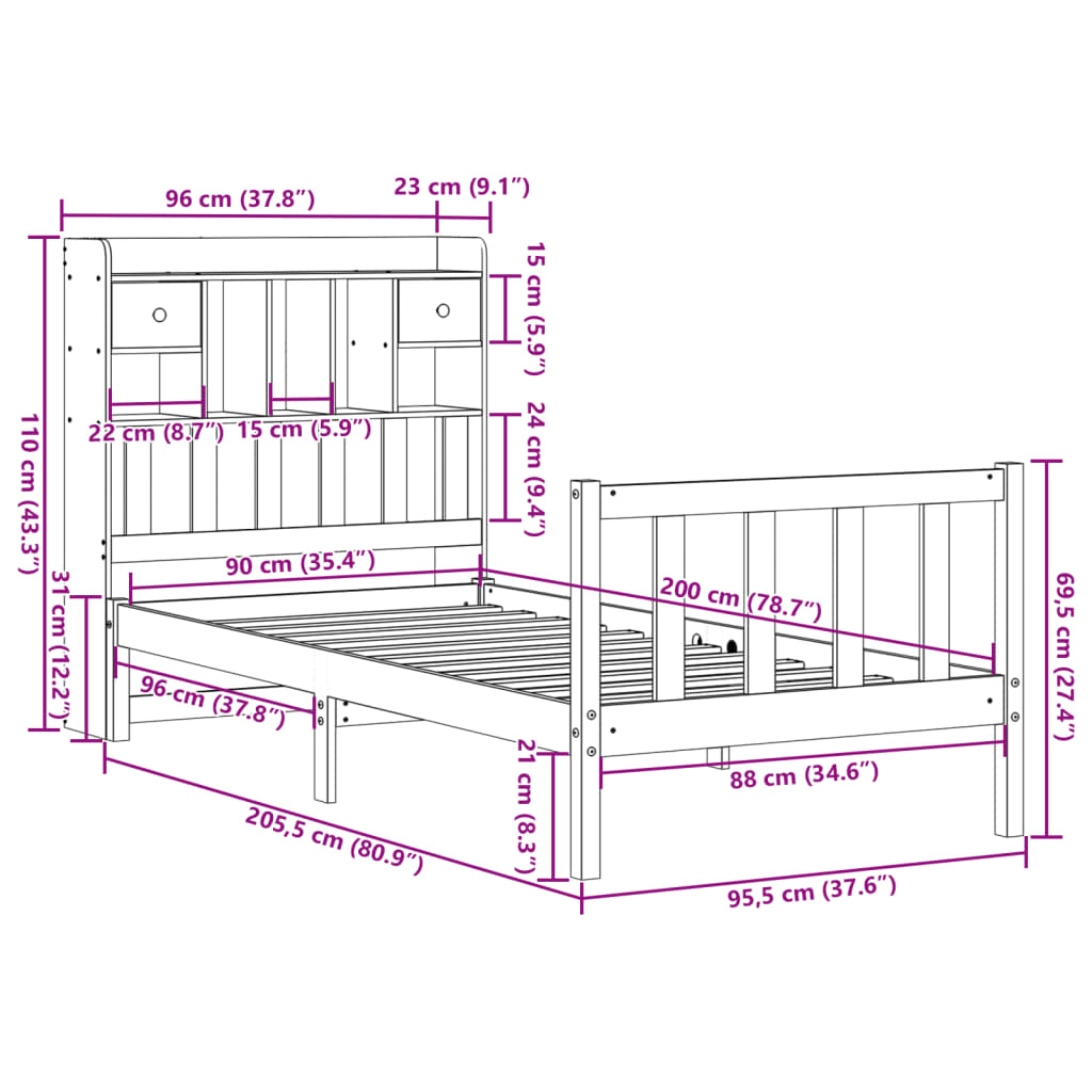 Massivholzbett mit Regal ohne Matratze Wachsbraun 90x200 cm