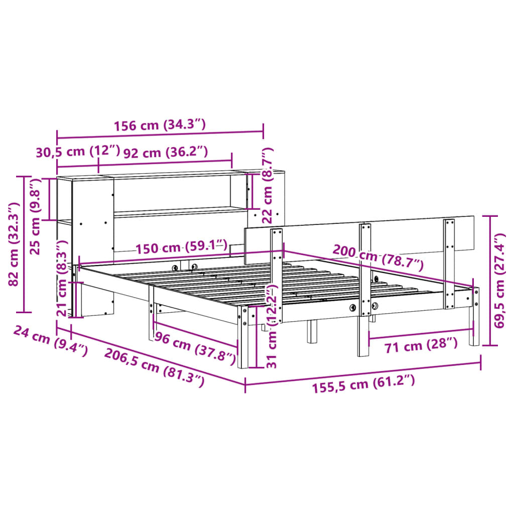 Massivholzbett mit Regal ohne Matratze 150x200 cm Kiefernholz