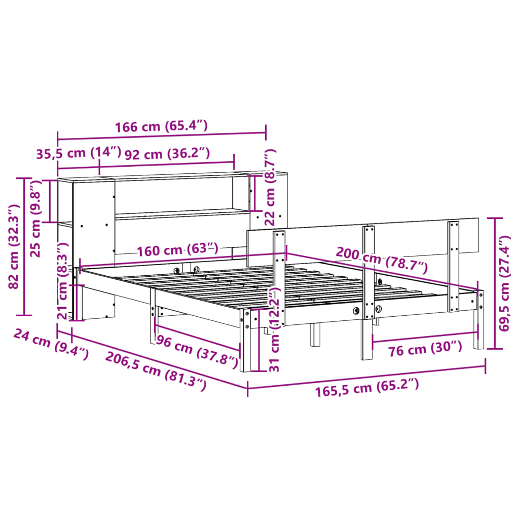 Massivholzbett mit Regal ohne Matratze 160x200 cm Kiefernholz