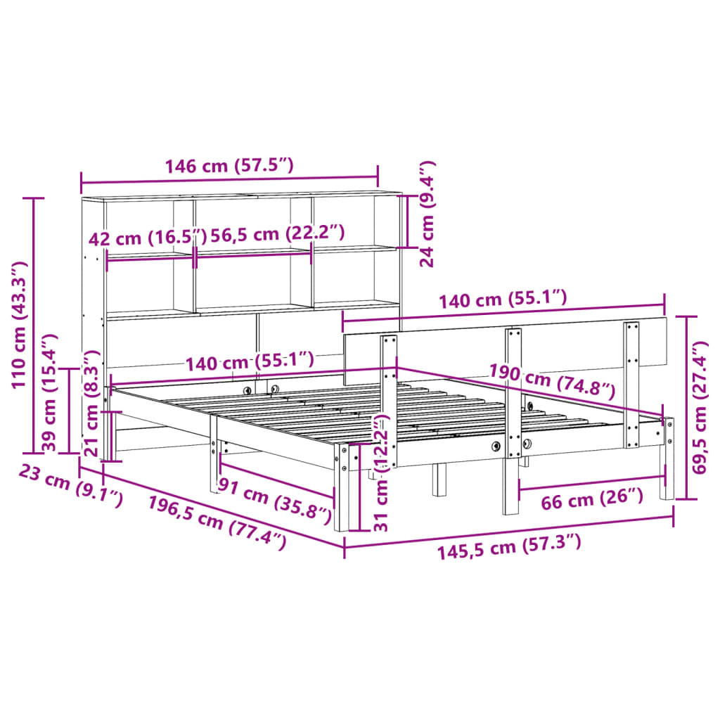 Massivholzbett mit Regal ohne Matratze 140x190 cm Kiefernholz