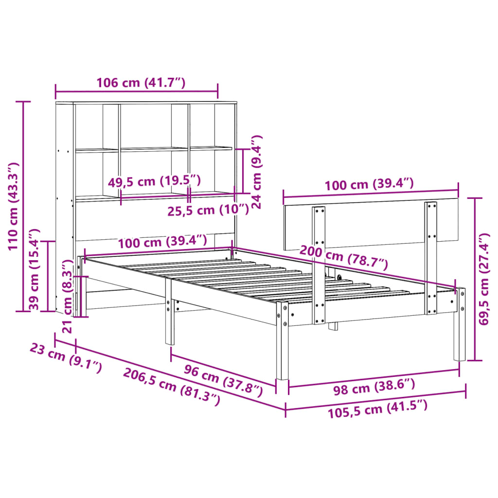 Massivholzbett mit Regal ohne Matratze 100x200 cm Kiefernholz