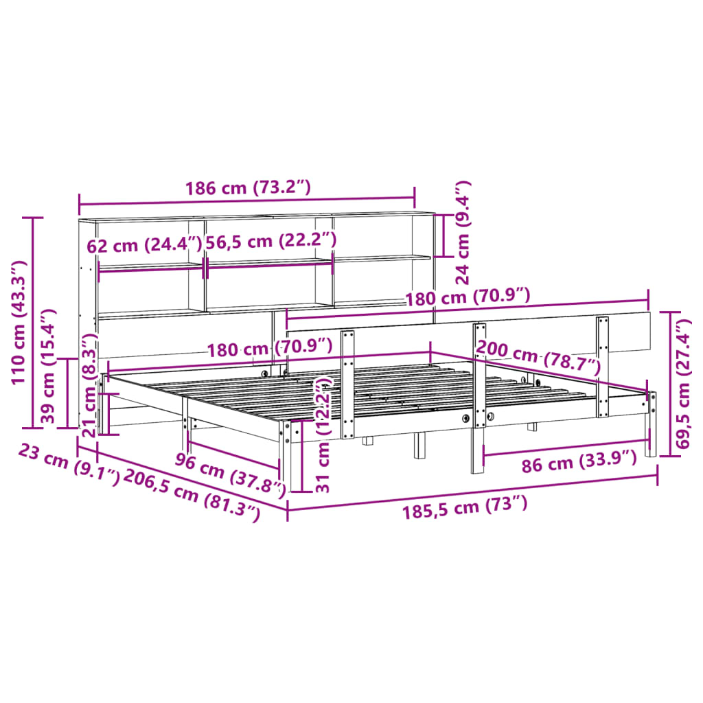 Massivholzbett mit Regal ohne Matratze 180x200 cm Kiefernholz