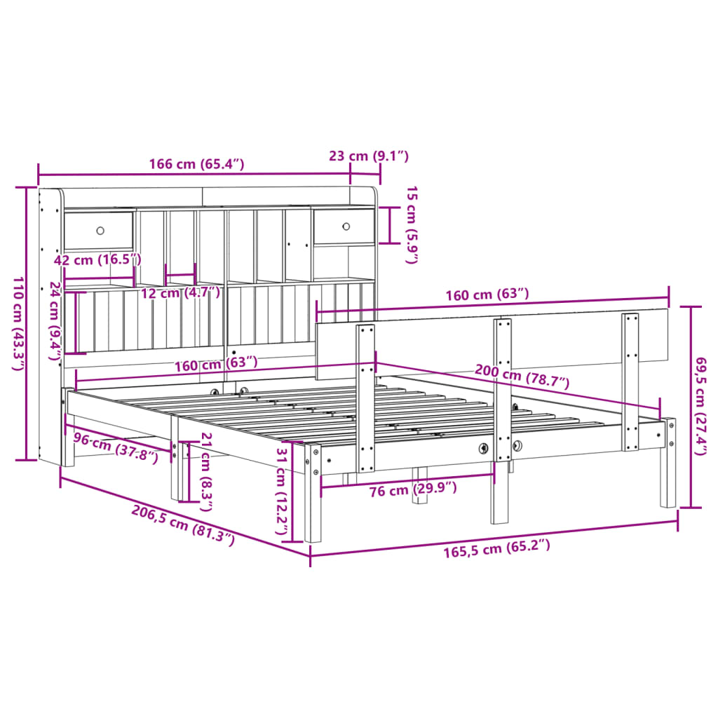 Massivholzbett mit Regal ohne Matratze 160x200 cm Kiefernholz