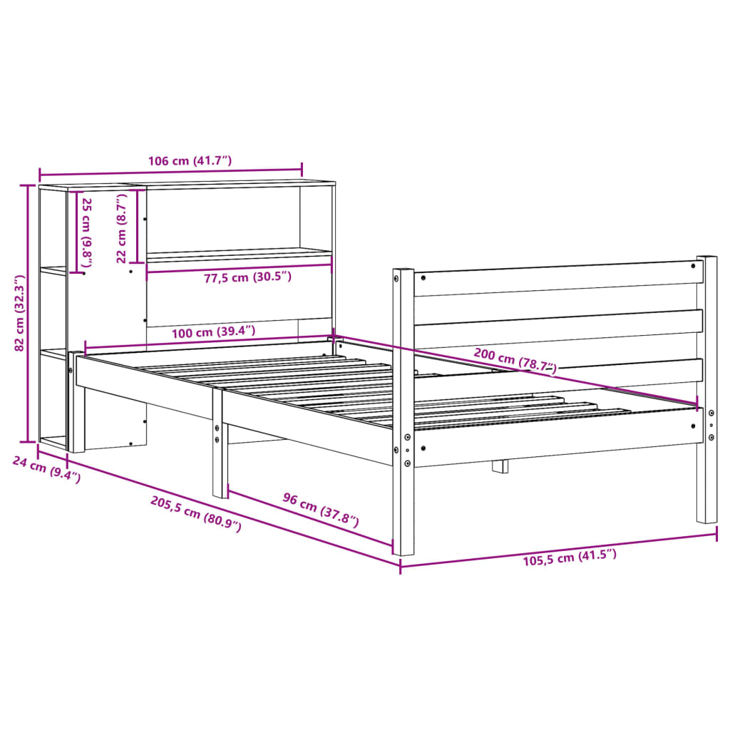 Massivholzbett mit Regal ohne Matratze 100x200 cm Kiefernholz