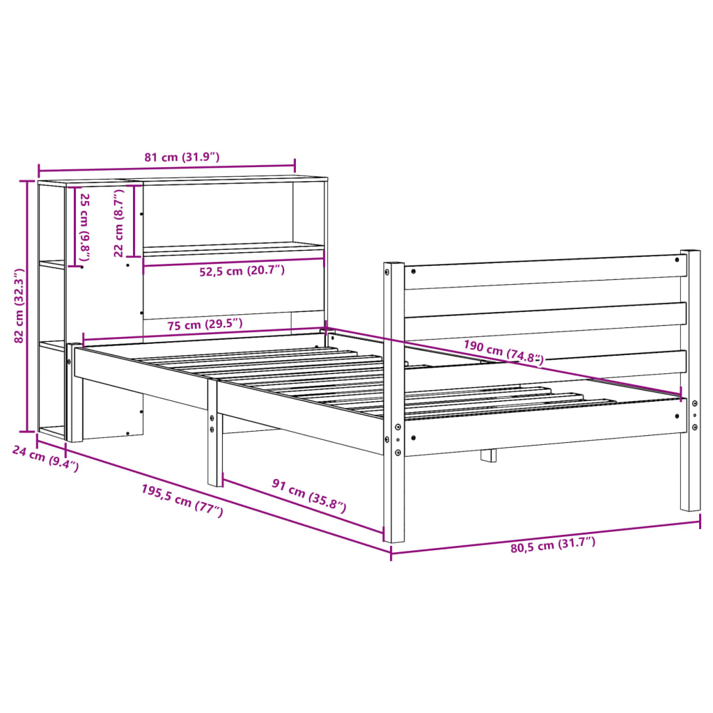 Massivholzbett mit Regal ohne Matratze Wachsbraun 75x190 cm