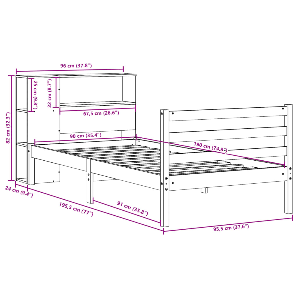 Massivholzbett mit Regal ohne Matratze Wachsbraun 90x190 cm