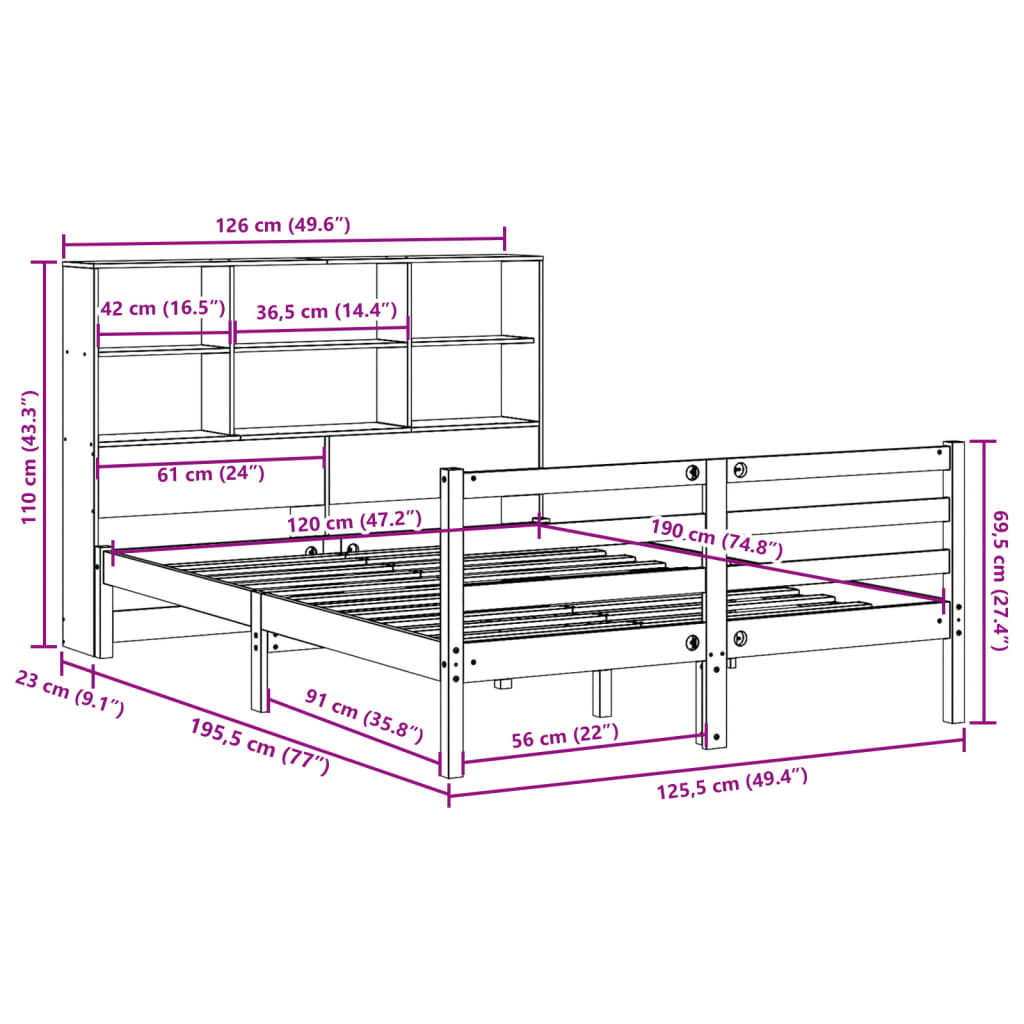 Massivholzbett mit Regal ohne Matratze 120x190 cm Kiefernholz