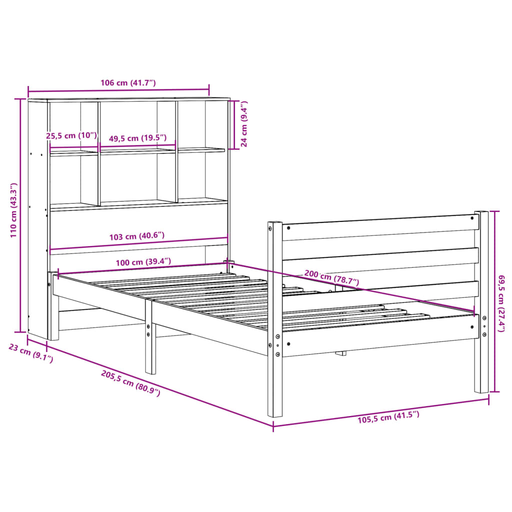 Massivholzbett mit Regal ohne Matratze 100x200 cm Kiefernholz