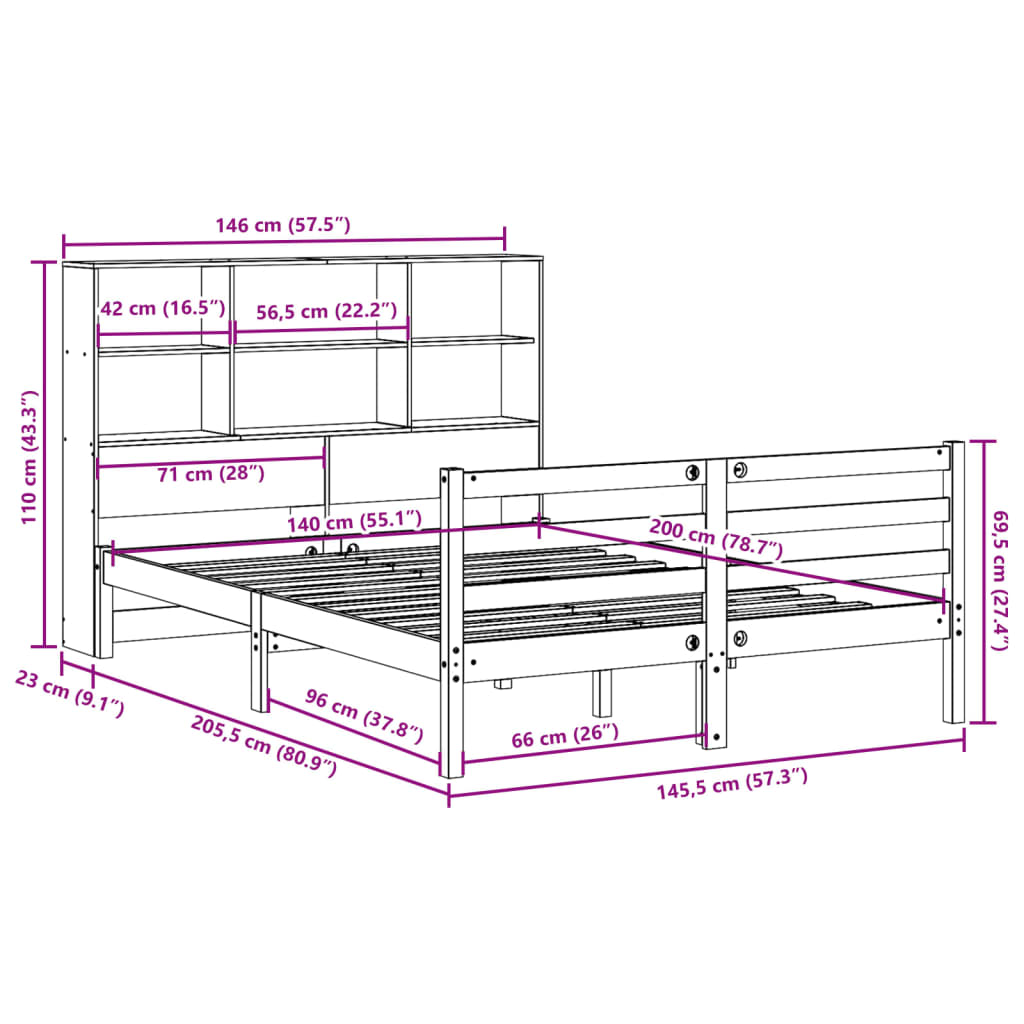 Massivholzbett mit Regal ohne Matratze 140x200 cm Kiefernholz