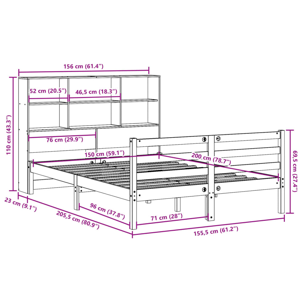 Massivholzbett mit Regal ohne Matratze 150x200 cm Kiefernholz