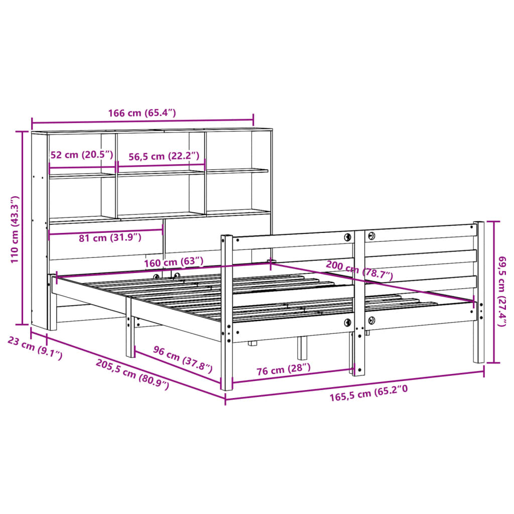 Massivholzbett mit Regal ohne Matratze 160x200 cm Kiefernholz