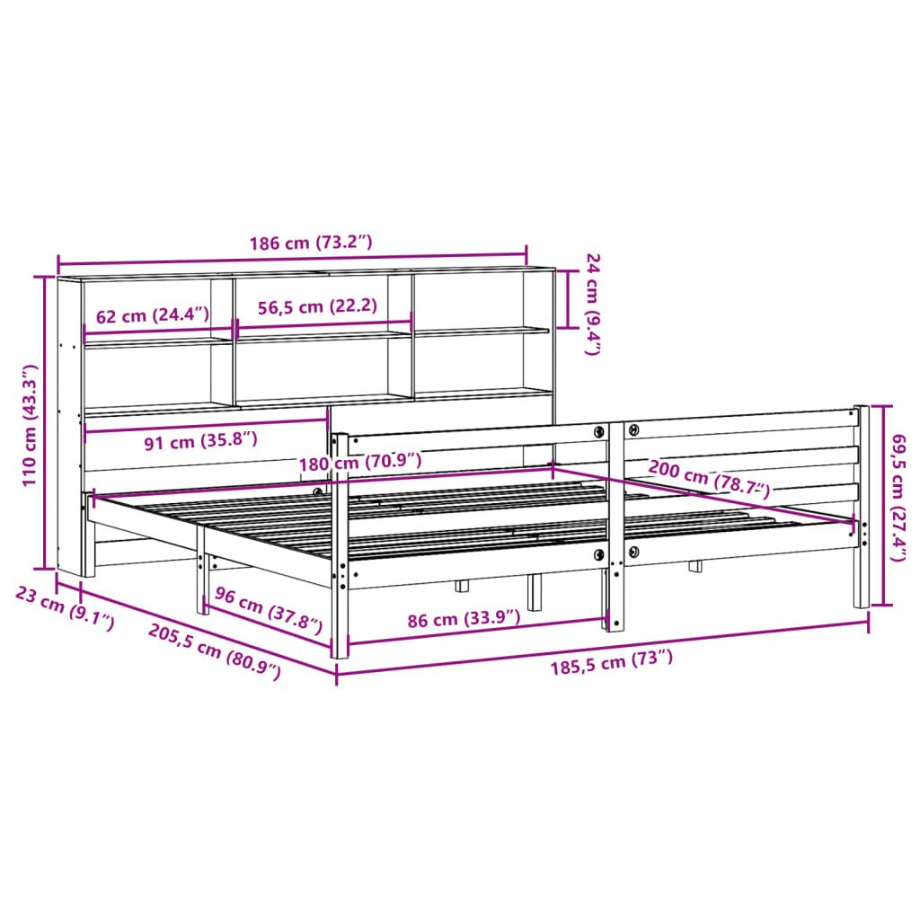 Massivholzbett mit Regal ohne Matratze 180x200 cm Kiefernholz