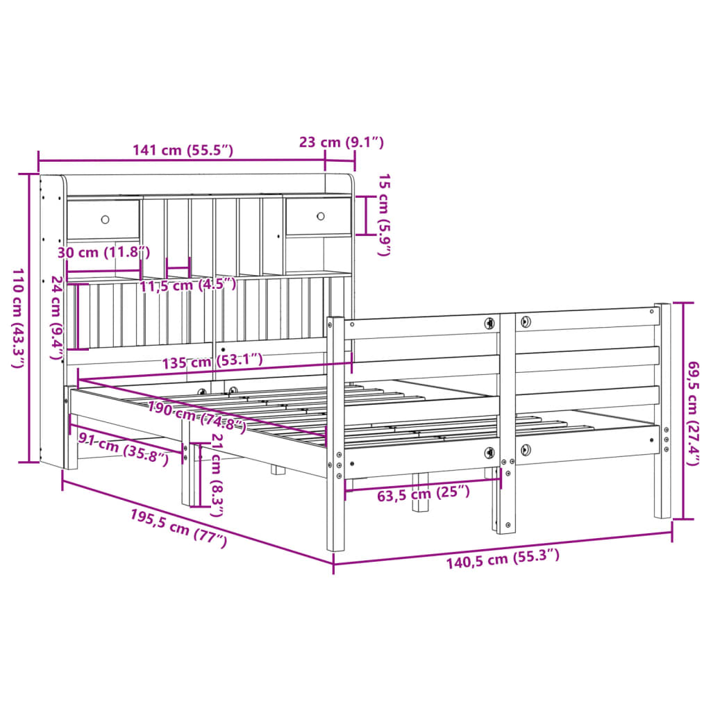 Massivholzbett mit Regal ohne Matratze 135x190 cm Kiefernholz