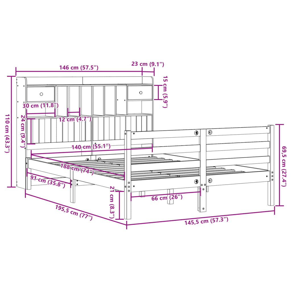 Massivholzbett mit Regal ohne Matratze 140x190 cm Kiefernholz