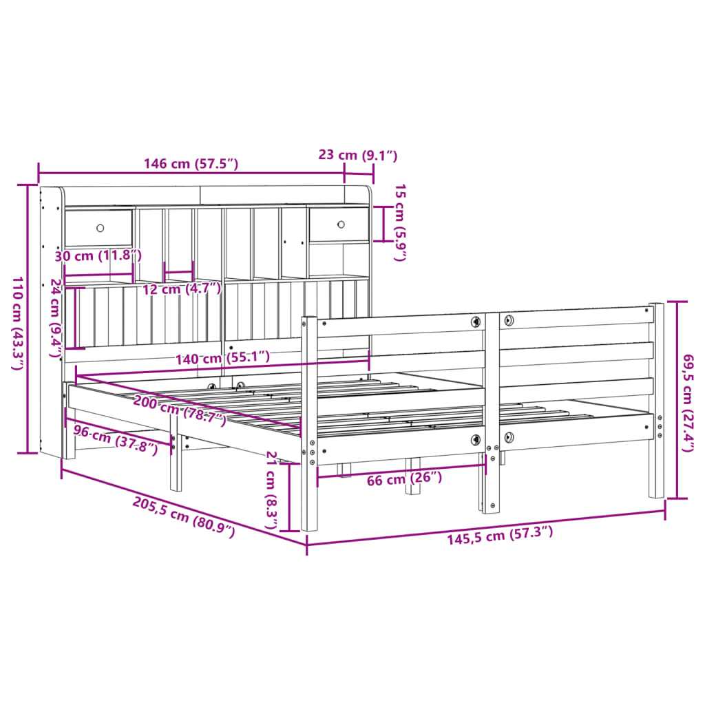 Massivholzbett mit Regal ohne Matratze 140x200 cm Kiefernholz