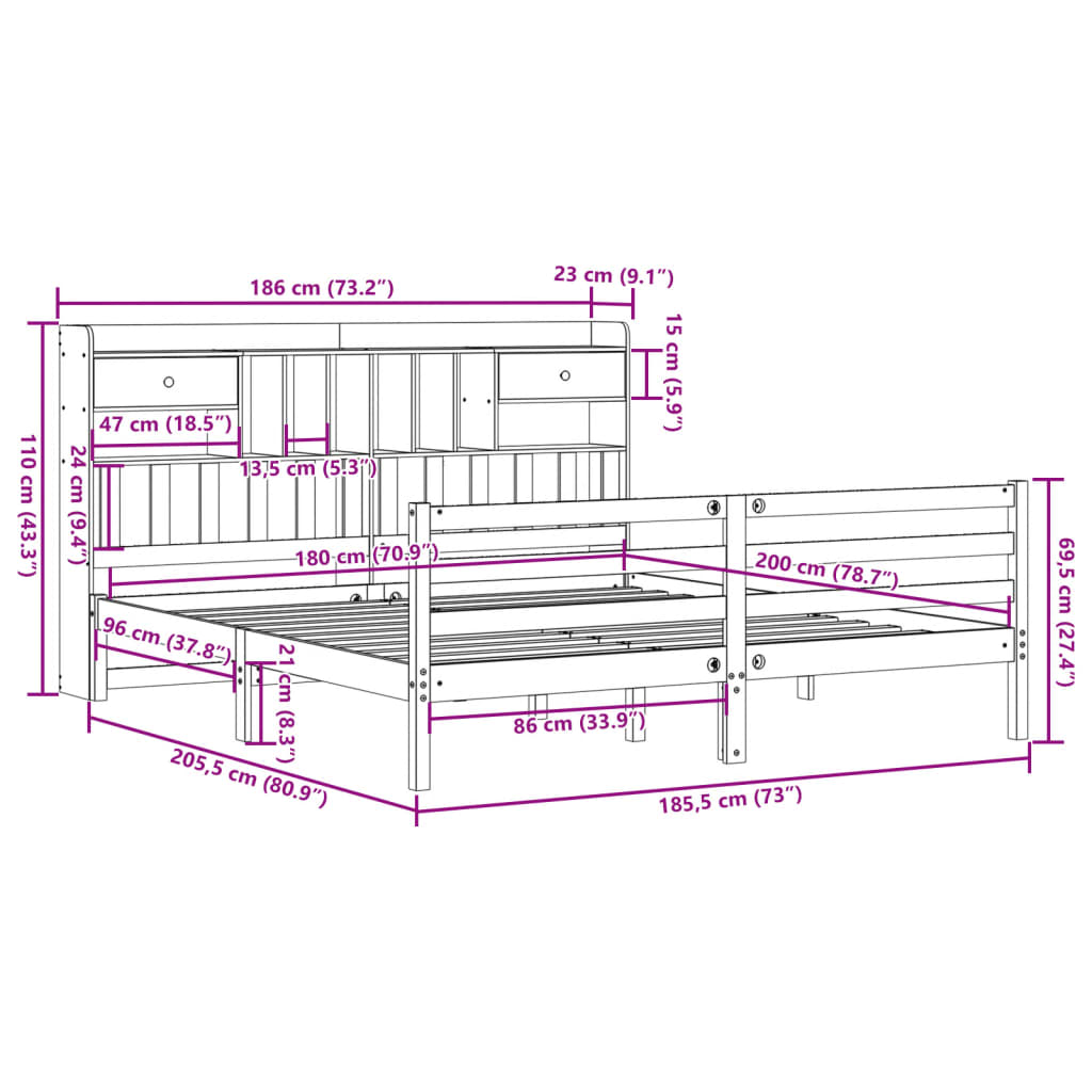 Massivholzbett mit Regal ohne Matratze 180x200 cm Kiefernholz