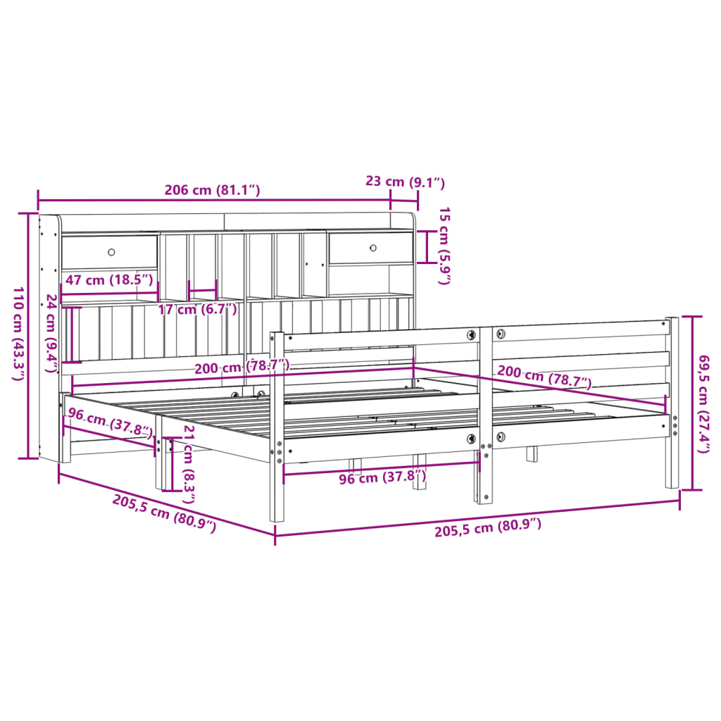 Massivholzbett mit Regal ohne Matratze 200x200 cm Kiefernholz