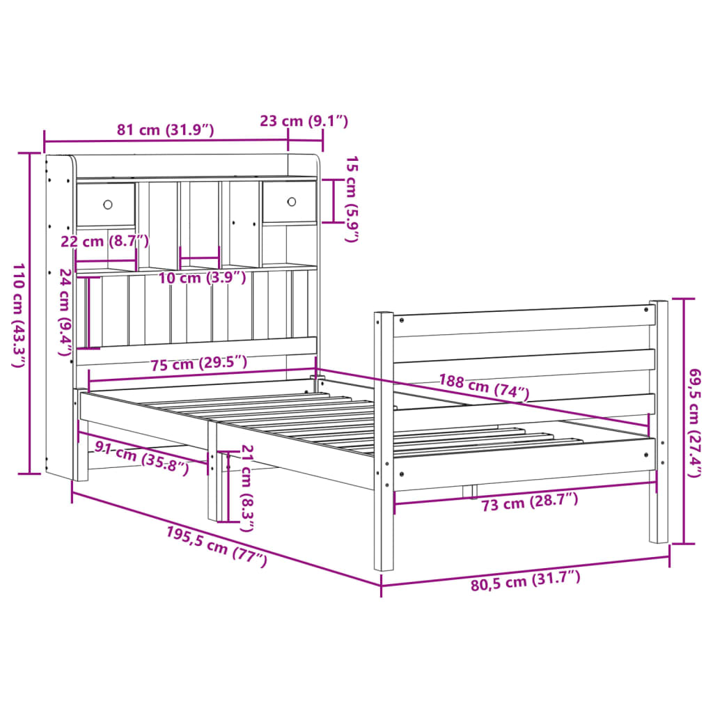 Massivholzbett mit Regal ohne Matratze Wachsbraun 75x190 cm