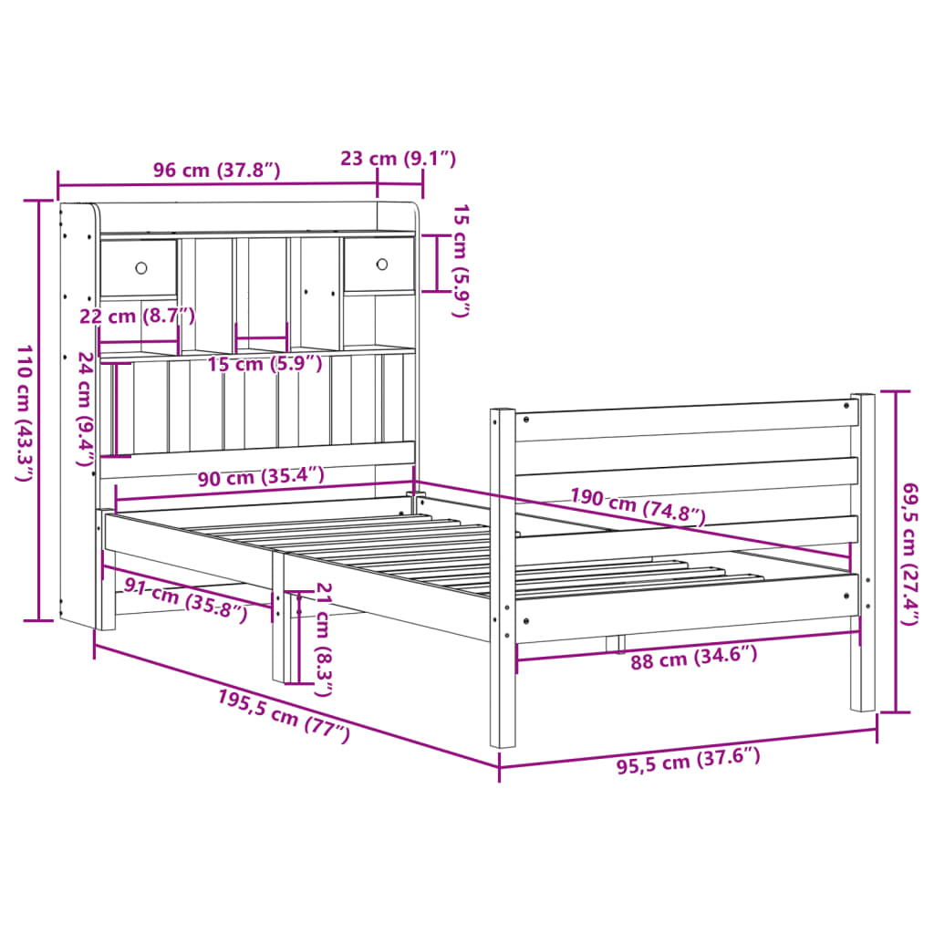 Massivholzbett mit Regal ohne Matratze Wachsbraun 90x190 cm