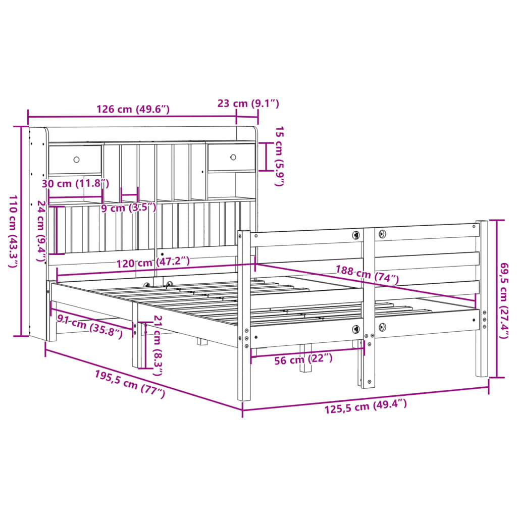 Massivholzbett mit Regal ohne Matratze Wachsbraun 120x190 cm