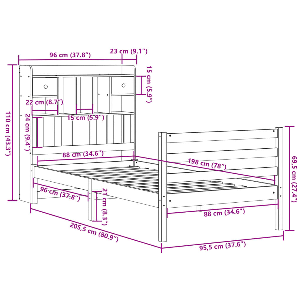 Massivholzbett mit Regal ohne Matratze Wachsbraun 90x200 cm